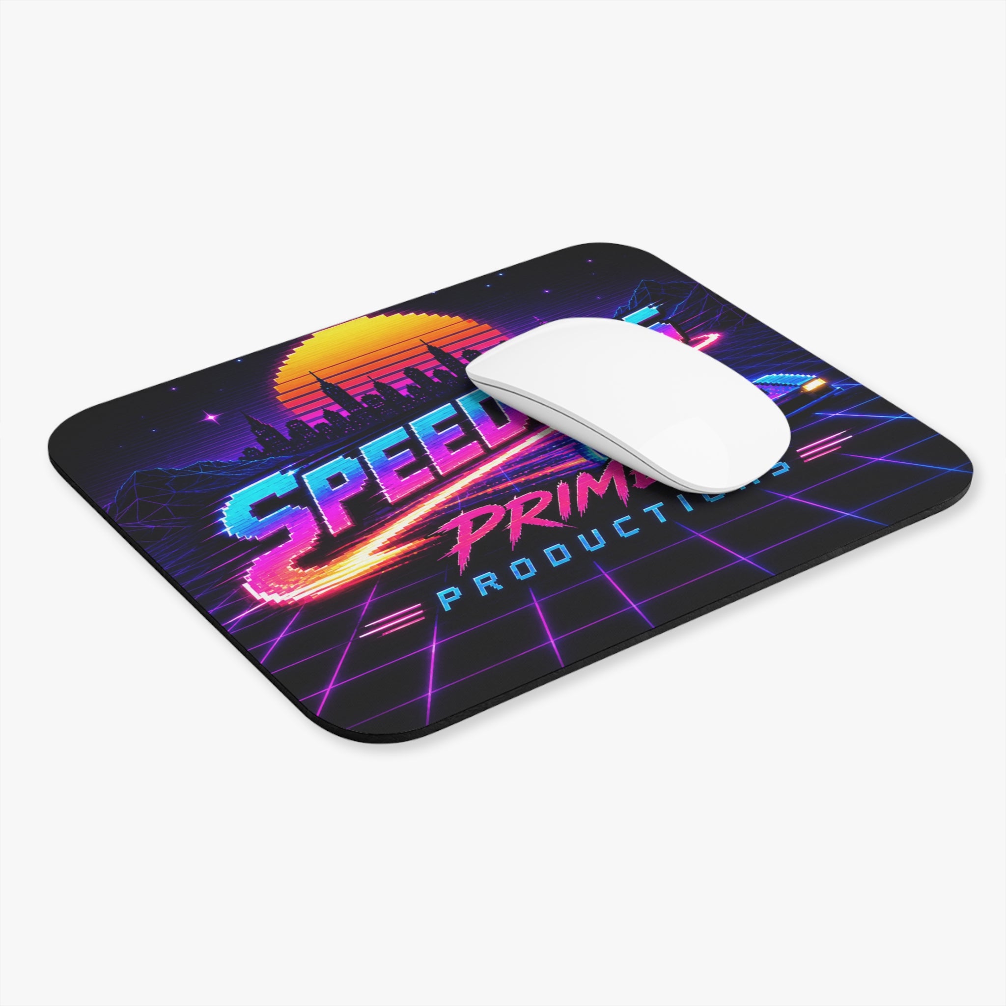Retro Synthwave Mouse Pad — "Speedimus Prime Productions" Racing Design