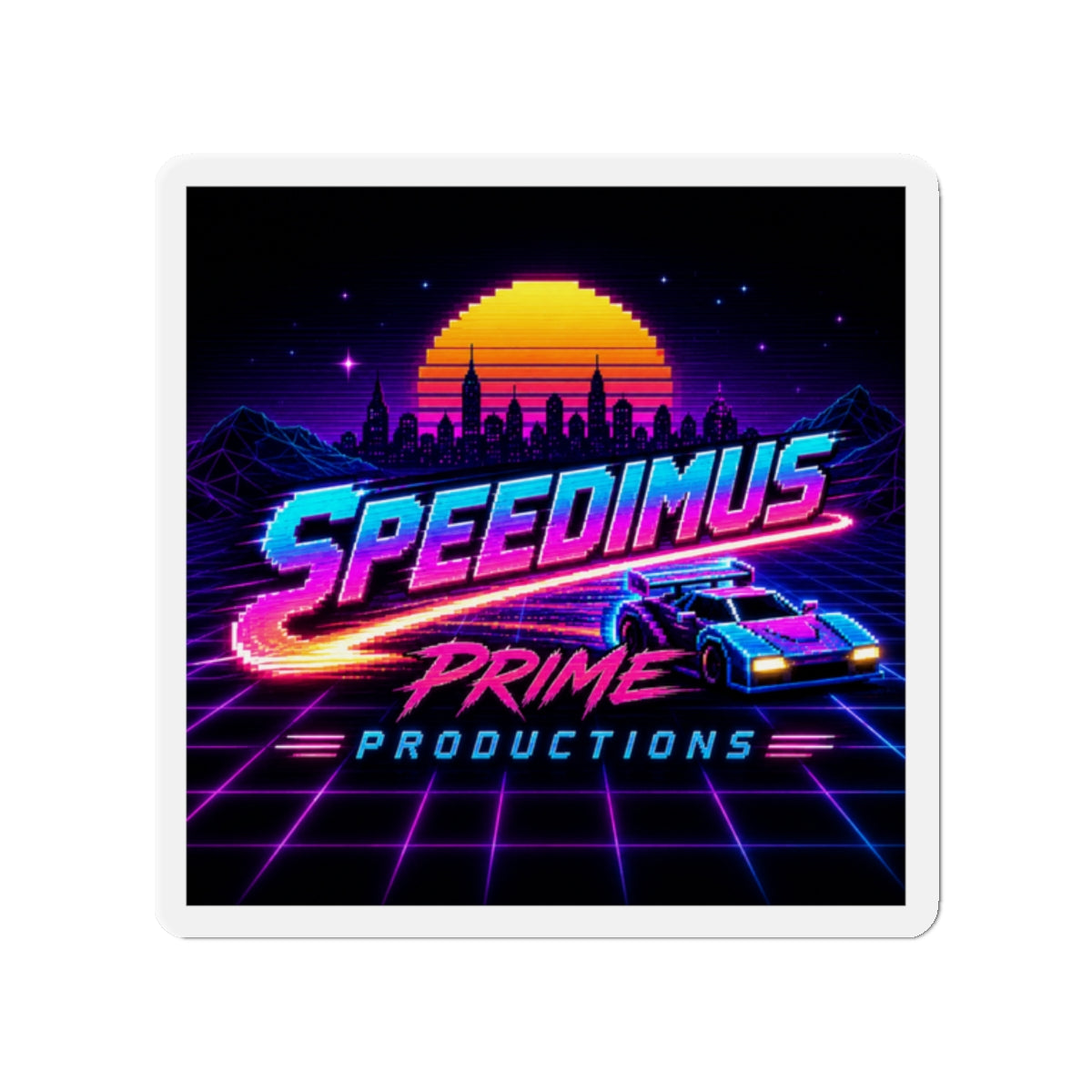 Retro Racing Die-Cut Magnet — "Speedimus Prime Productions" 80s Vaporwave Car Art