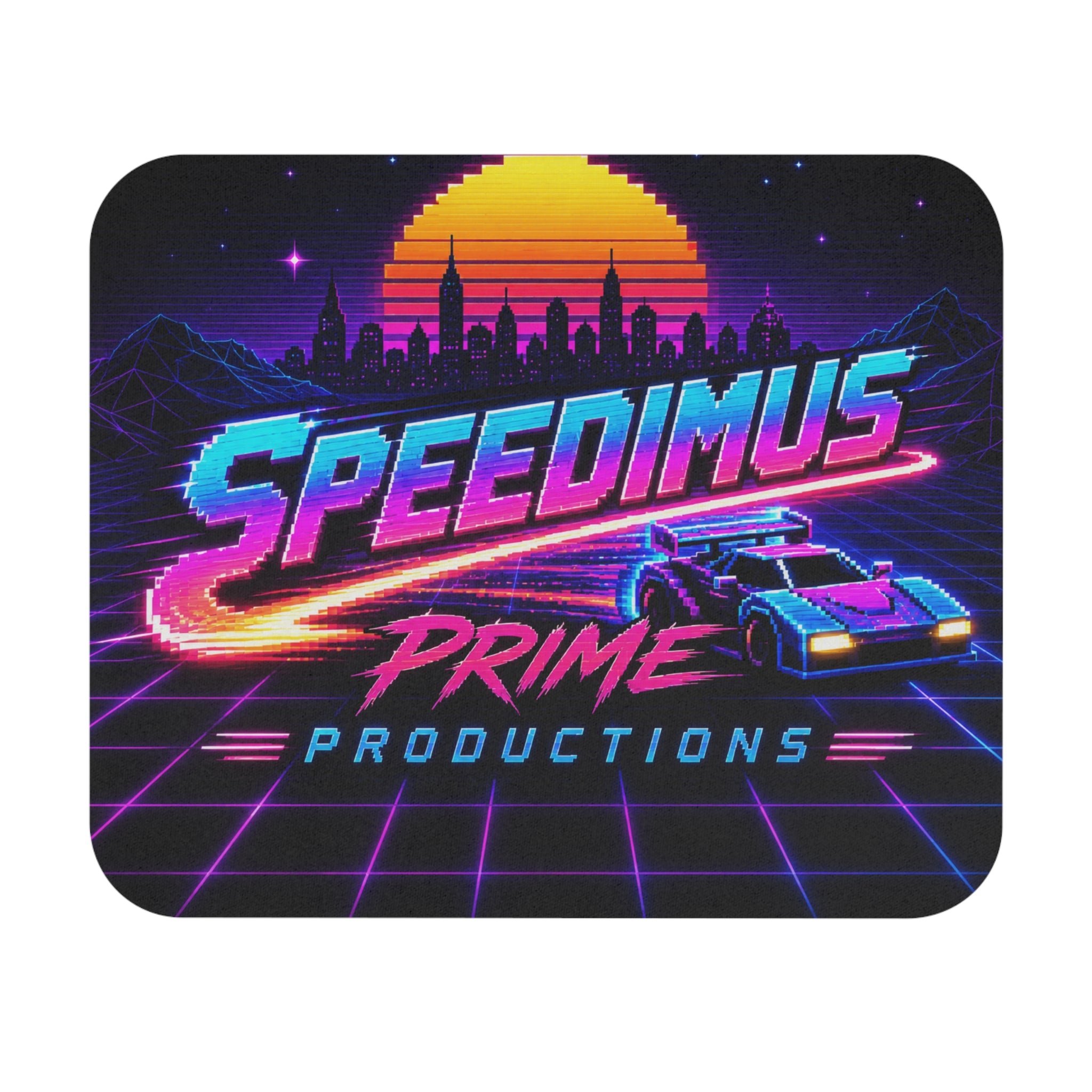 Retro Synthwave Mouse Pad — "Speedimus Prime Productions" Racing Design