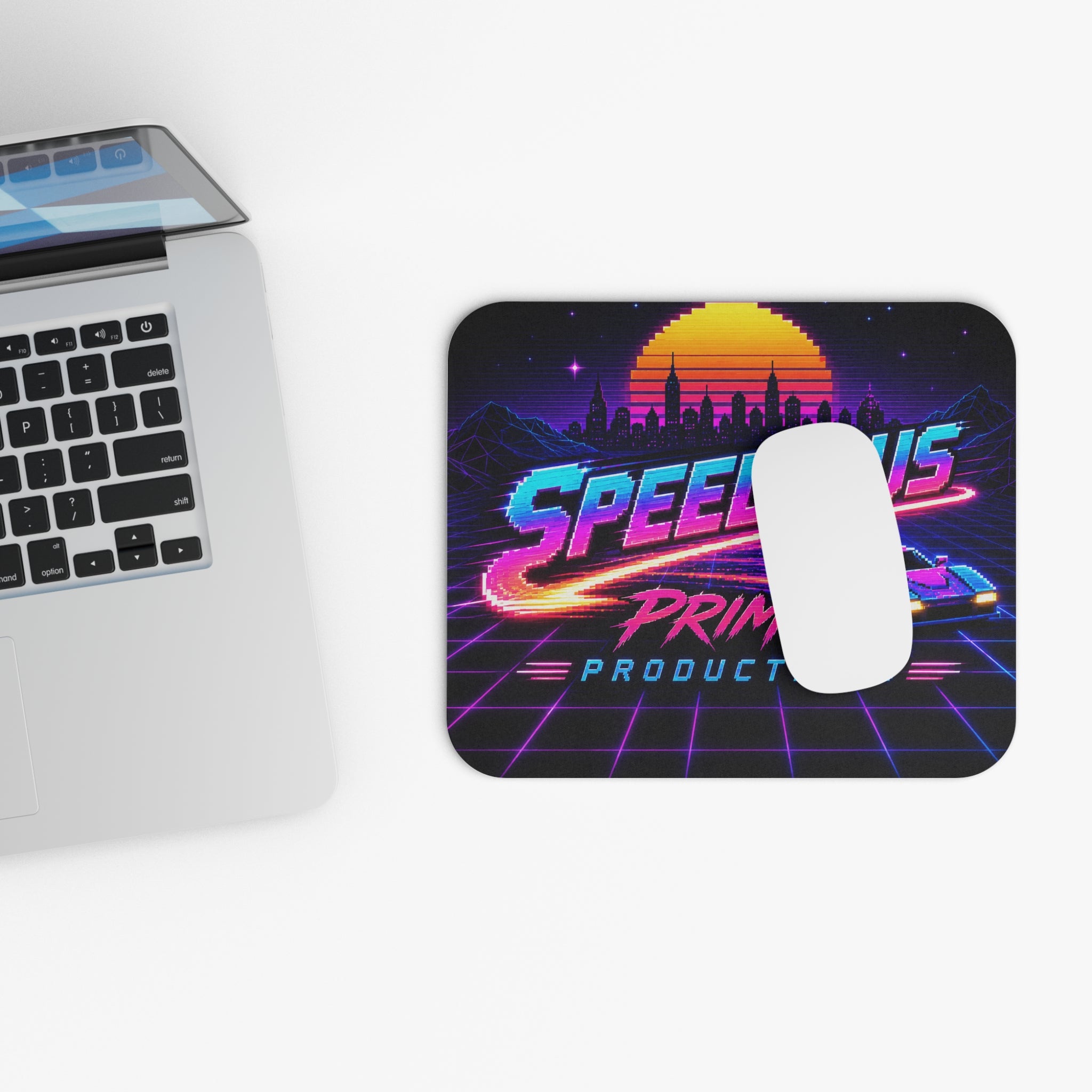 Retro Synthwave Mouse Pad — "Speedimus Prime Productions" Racing Design