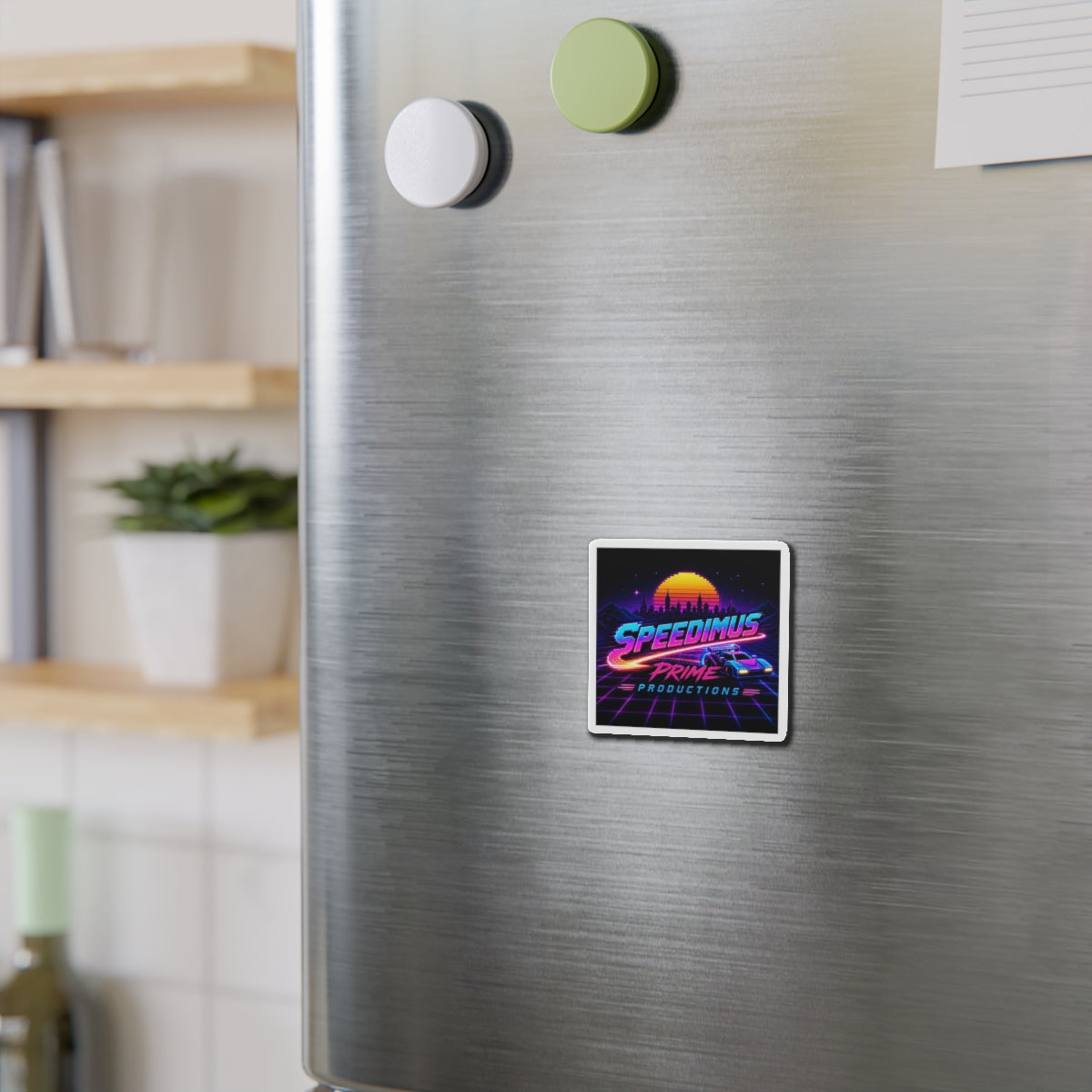 Retro Racing Die-Cut Magnet — "Speedimus Prime Productions" 80s Vaporwave Car Art